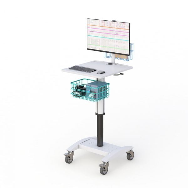 Pneumatic Cart with Double Storage Baskets, Monitor and Thin-Client PC Mounts