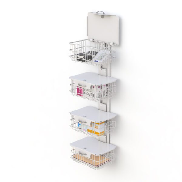 Vertical wall track system with multiple wire baskets and utility shelf, designed for organized storage solutions.