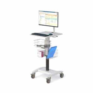Mobile cart with monitor arm showing dashboard screen, keyboard tray, binder and folder in wire baskets, casters.