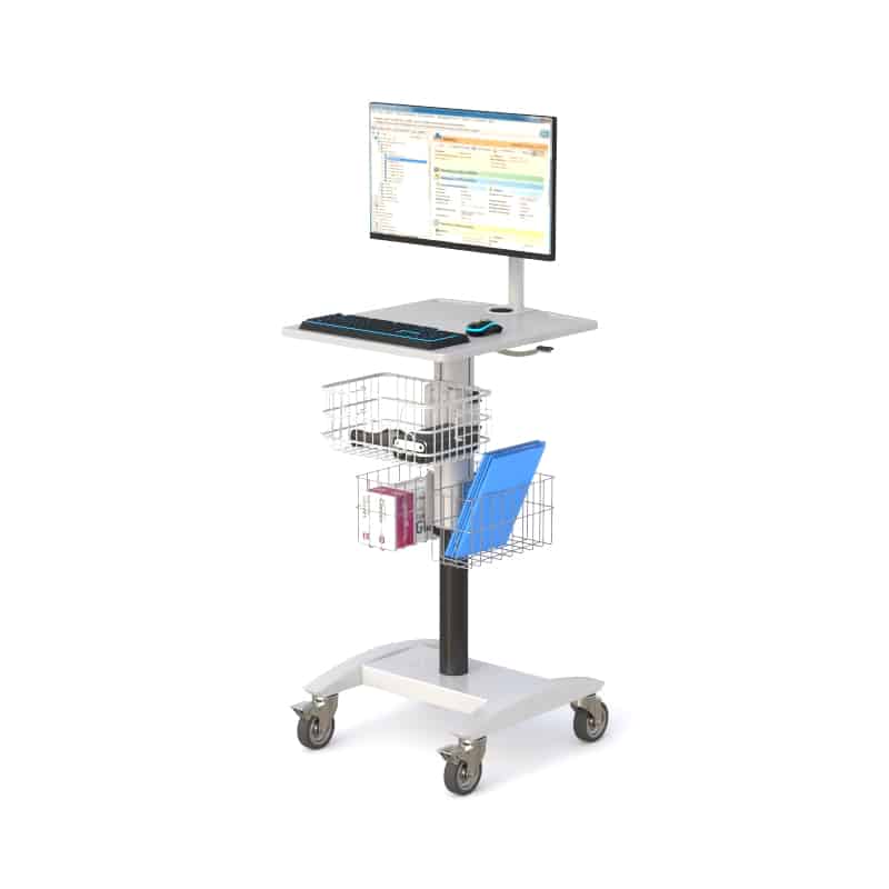 Mobile cart with monitor arm showing dashboard screen, keyboard tray, binder and folder in wire baskets, casters.