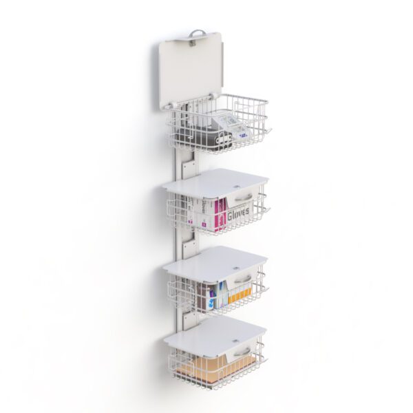 Side view of wall‑track system showing four removable wire baskets and an upper utility shelf.