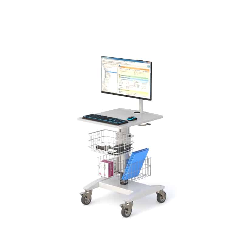 AFC's Ergonomic Medical Computer Utility Cart 3 Rolling computer cart with monitor arm, keyboard tray, binder and folder in wire baskets, casters.