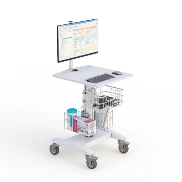 Pneumatic PC Cart with Triple Storage Baskets and Monitor Pole Mount