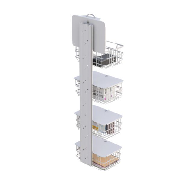 Front perspective highlighting uniform basket spacing on vertical track and modular mounting points.