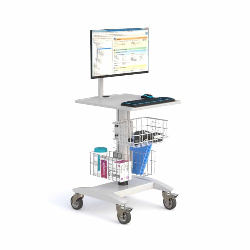 AFC's Ergonomic Medical Computer Utility Cart 2 Rolling medical cart with monitor arm, keyboard tray, glove box and cup in wire baskets, casters.