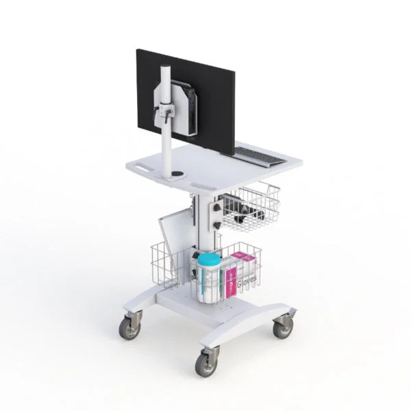 Pneumatic PC Cart with Triple Storage Baskets and Monitor Mount