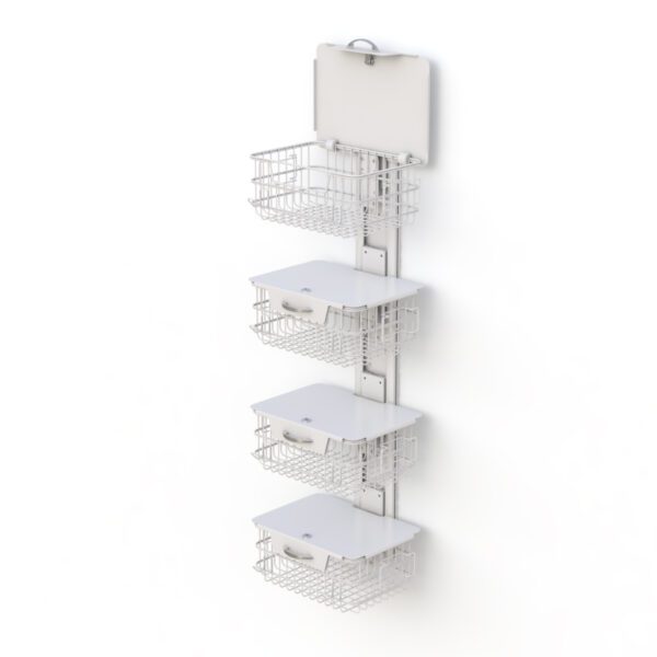 Close‑up of a single metal basket attached to track, displaying sturdy wire construction.