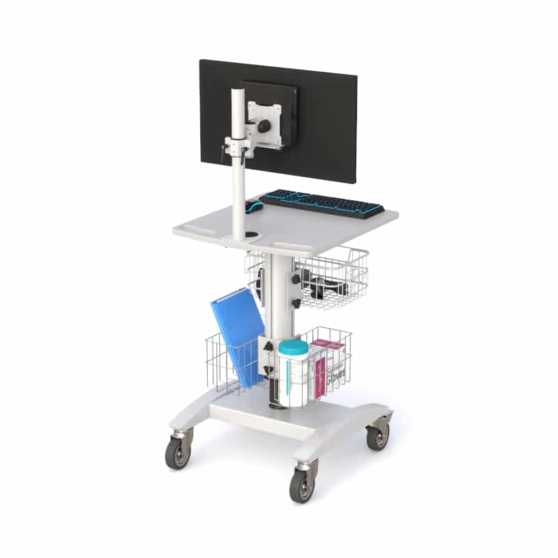 AFC's Ergonomic Medical Computer Utility Cart 4 Rolling cart with monitor arm, dark screen, keyboard tray, folder, glove box and cup in wire baskets, casters.