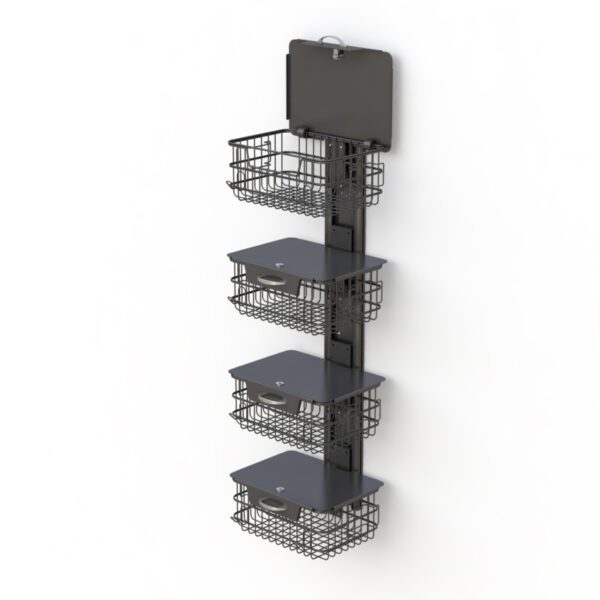 Detail shot of basket hooks and track channel illustrating easy adjustability and tool‑free installation.