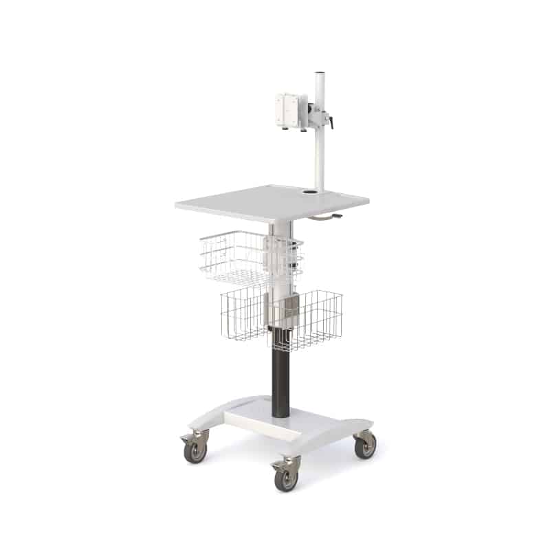 AFC's Ergonomic Medical Computer Utility Cart 5 Mobile workstation cart frame with empty monitor mount arm, cable grommet work surface, empty wire baskets, casters.