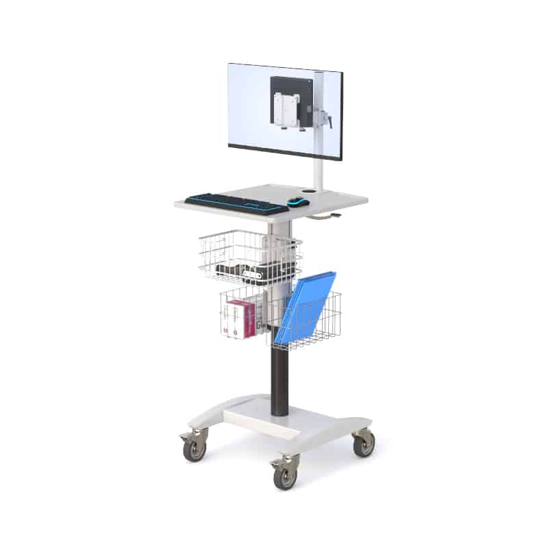 AFC's Ergonomic Medical Computer Utility Cart 6 Height-adjustable cart with monitor arm, dark center pole, binder and folder in wire baskets, casters.