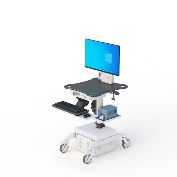 Mobile computer workstation carts by AFC, ideal for healthcare settings.