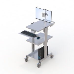 Cleanroom computer cart by AFC, designed for sterile environments, with wheels for easy mobility.