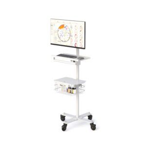 Monitor Cart with Keyboard Tray and Large Locking Wire Basket