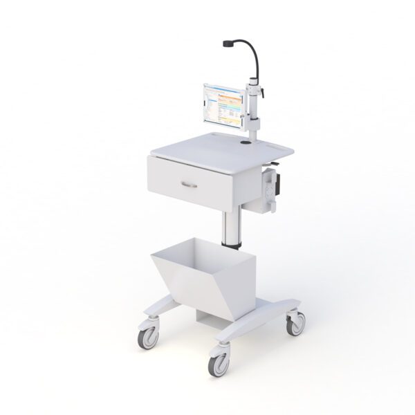 Mobile telemedicine cart with adjustable height, tablet holder, and large work surface for diagnostic use