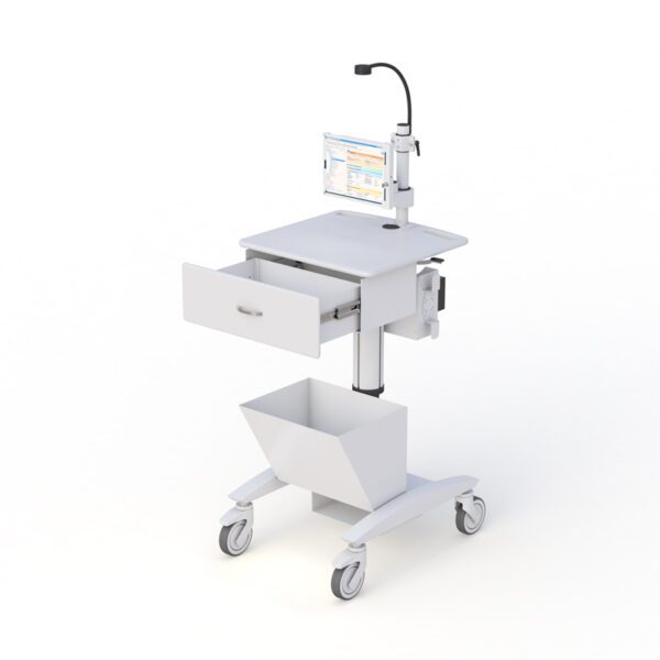 Front view of diagnostic telemedicine cart with tablet mount, task light, and locking casters