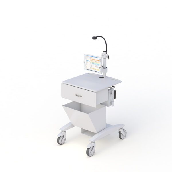 Side profile showing pneumatic height adjustment and oversized storage bin for medical instruments