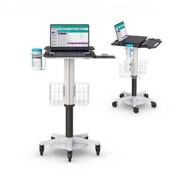 Home telemedicine workstation by AFC, featuring a computer, webcam, and medical equipment for virtual consultations.