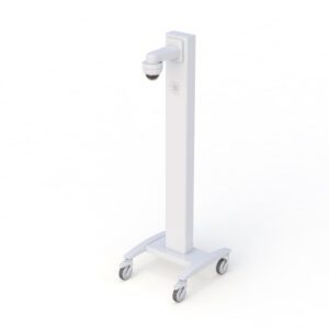 Lightweight telemedicine cart with PTZ camera and dual speaker mounts, designed for remote patient care