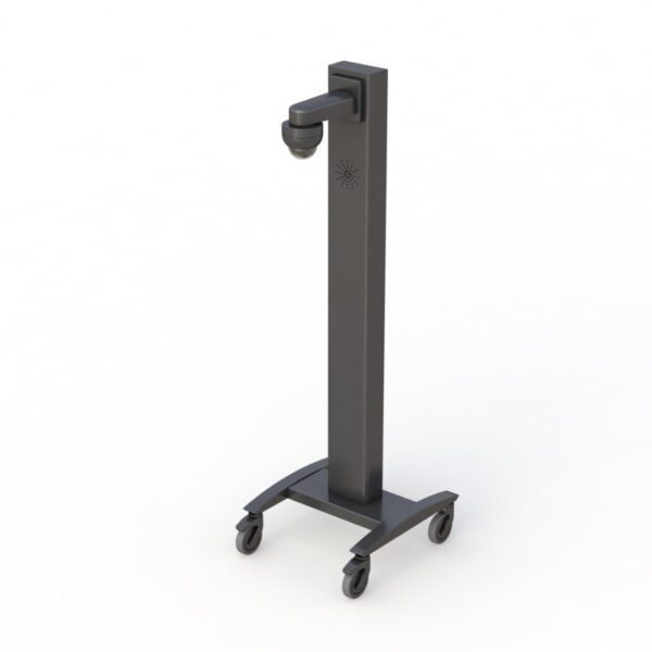 Front view of mobile telemedicine cart with mounted PTZ camera and integrated speakers.