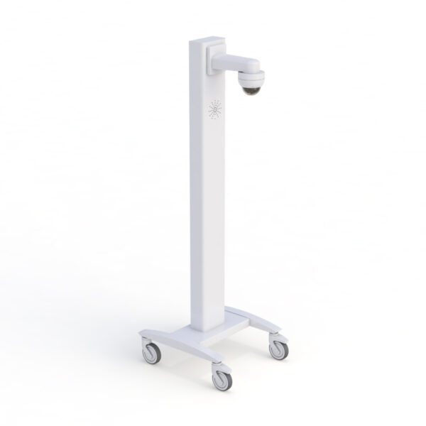 Close-up of PTZ camera and dual speaker mounts on ergonomic equipment pole.