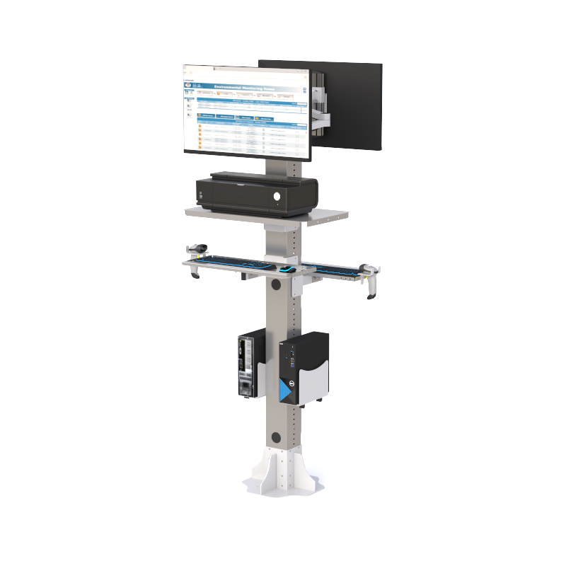 Vertical workstation post with dual monitor arms, device shelf, keyboard tray, and dual PC housing
