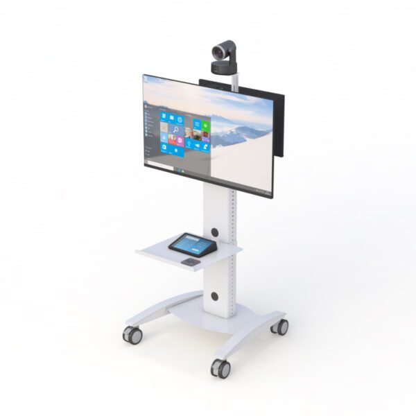 Dual-display video conferencing telemedicine cart with ergonomic design and adjustable height for clinical use