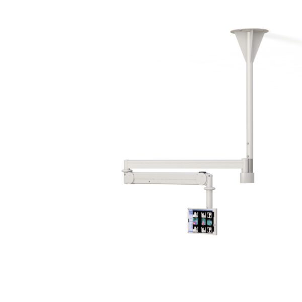 Ceiling-mounted tablet arm with adjustable swivel and tilt, sleek metal arm, and secure tablet holder.