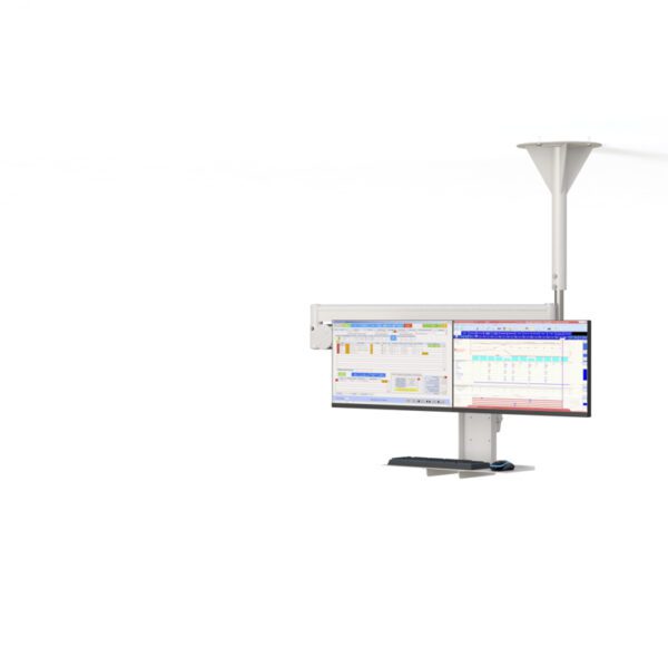 Ceiling-mounted dual monitor mount with integrated keyboard tray, adjustable swivel & tilt arms.