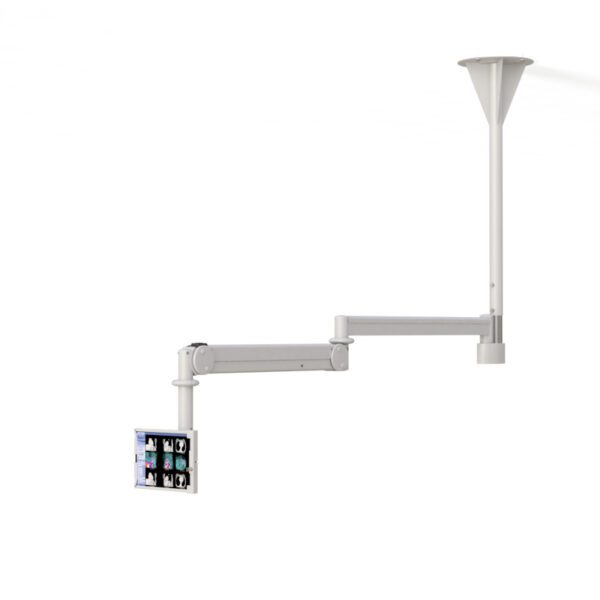 Side view of ceiling tablet arm extended, showcasing dual‑joint articulation and cable management channel.