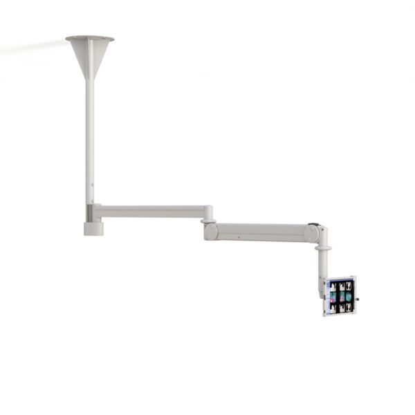 Close-up of adjustable tablet cradle with secure grip and tilt hinge.