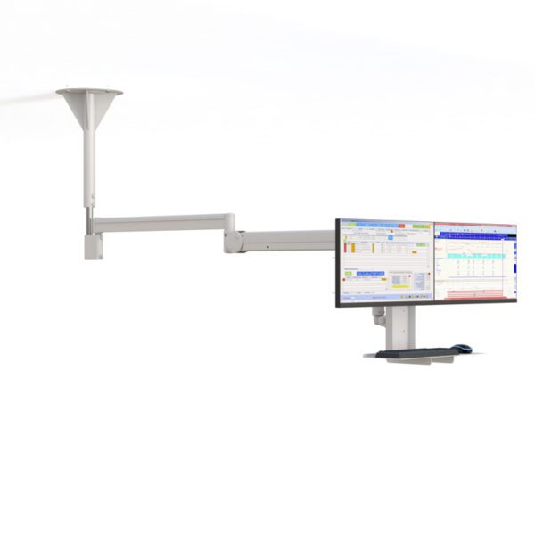 Side angle showing articulating ceiling arms with cable channel and mounting canopy.