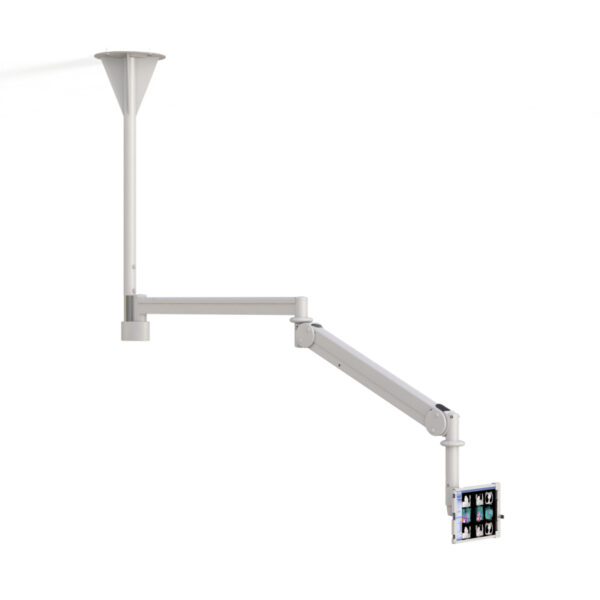 Rear perspective highlighting tablet holder mount and integrated cable routing through arm.
