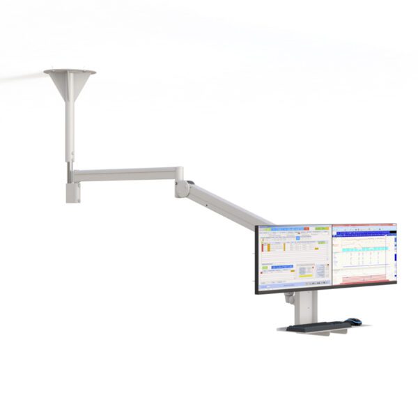 Close-up of keyboard tray hardware and secure dual-VESA monitor brackets in overhead mount.