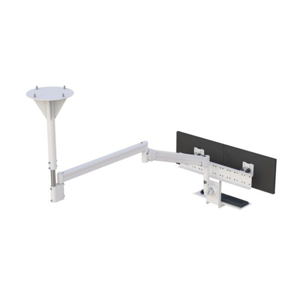 Rear perspective displaying cable management hidden within swivel arms and ceiling canopy.