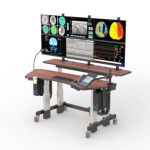Dual-tier ergonomic workstation with height-adjustable design for improved comfort.