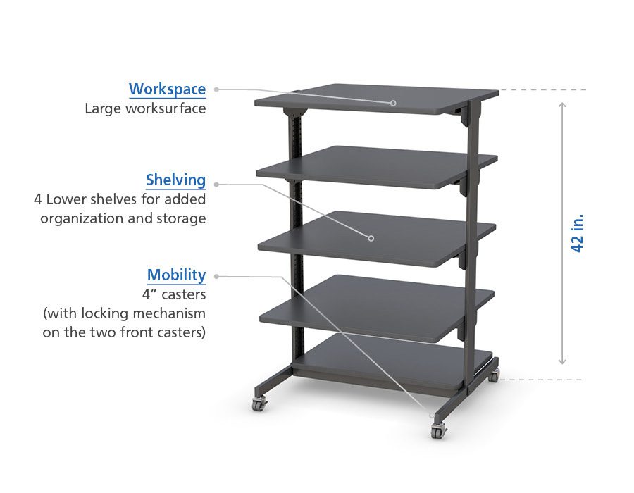 Detailed dimensions and labeled features of the 5-Tier Adjustable Mobile Workstation