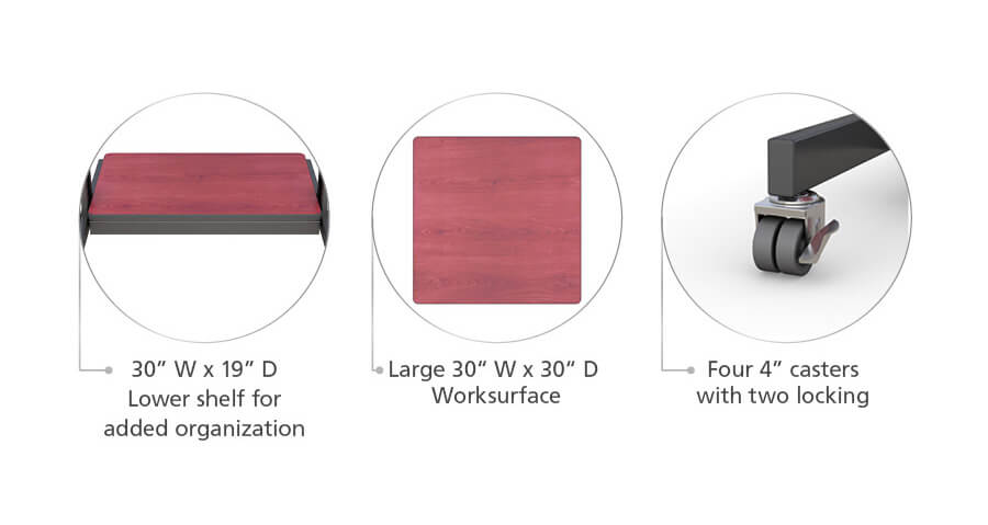 Detailed view of the 4-inch locking swivel casters on the workstation