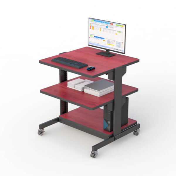 Front view of the 3-Tier Adjustable Mobile Workstation with monitor and accessories