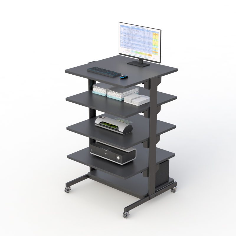 Front view of the 5-Tier Adjustable Mobile Workstation with organized supplies and accessories