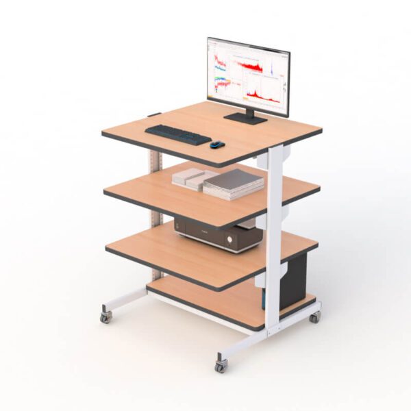 Front view of the Adjustable 4-Tier Mobile Workstation with monitor and accessories