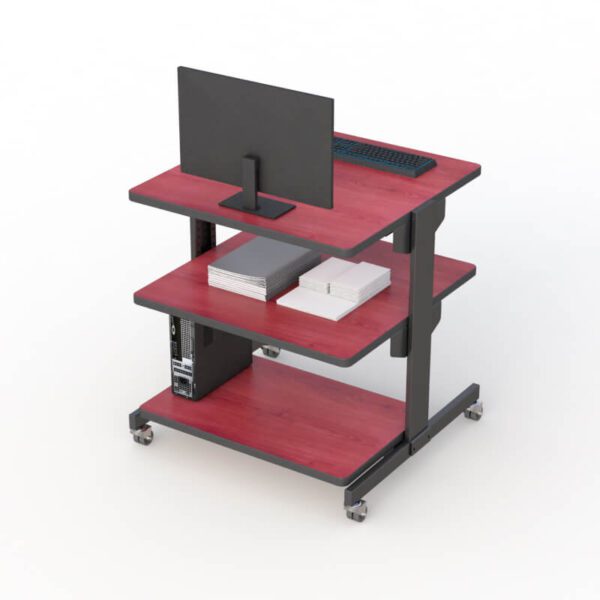 Rear view showcasing the three spacious shelves of the workstation