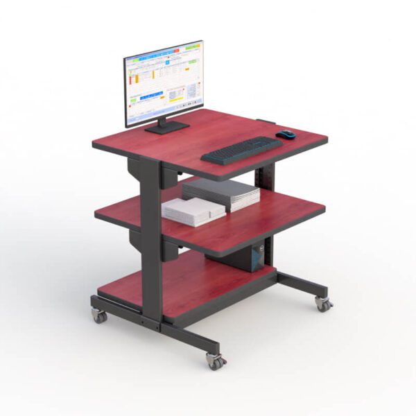 Side view of the 3-Tier Adjustable Mobile Workstation with cherry wood laminate finish