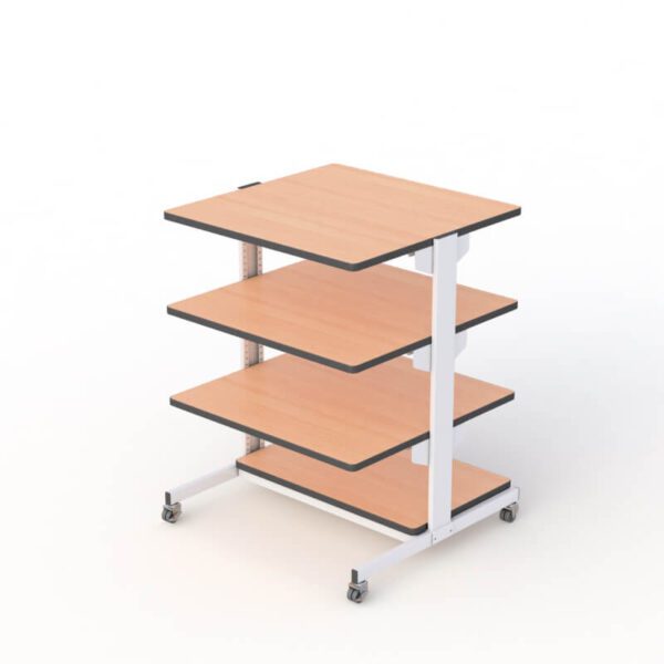 Side view of the Adjustable 4-Tier Mobile Workstation with a natural wood finish