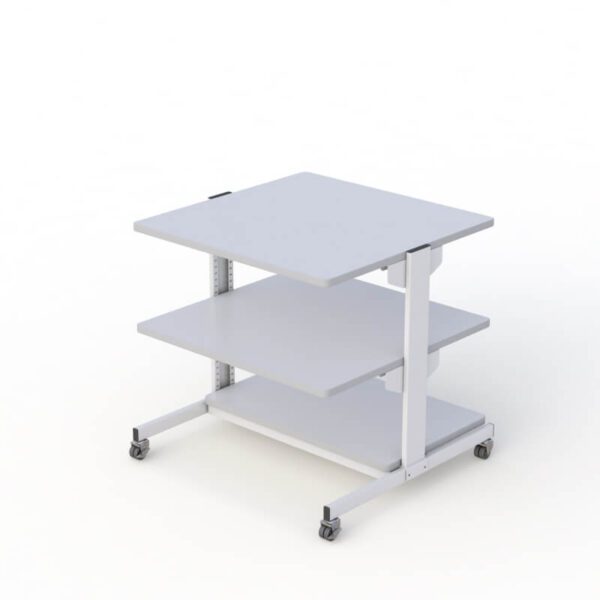 Top down view highlighting the durable work surface and storage options