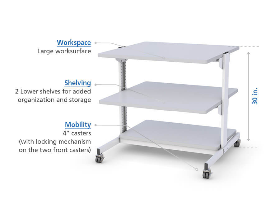Utility cart in use with computer, printer, and organized storage