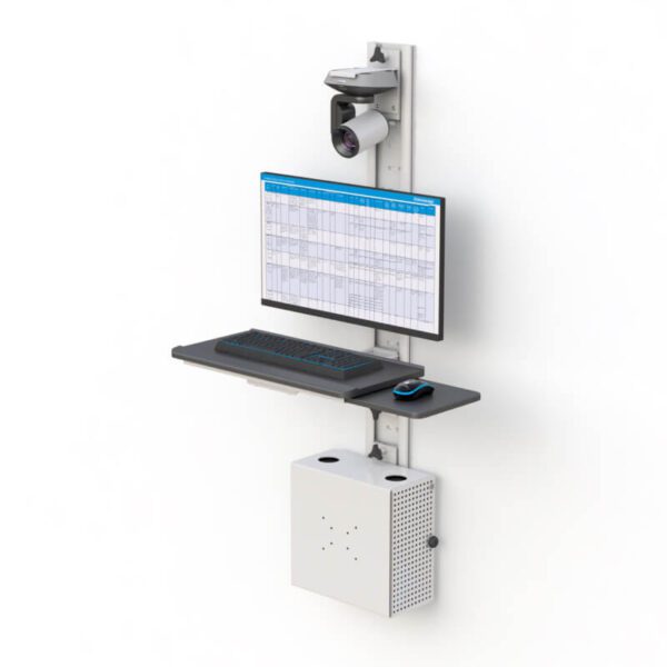 Telehealth Workstation Setup with Monitor, Keyboard, and CPU Holder