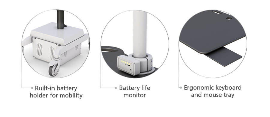Built in battery holder, battery life monitor, and ergonomic keyboard tray on the mobile workstation