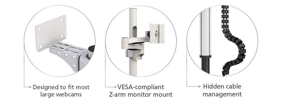 Dimensional specifications of ergonomic monitor cart with Poly Studio X50 mount, showing adjustable height, CPU holder, and VESA-compliant monitor mount