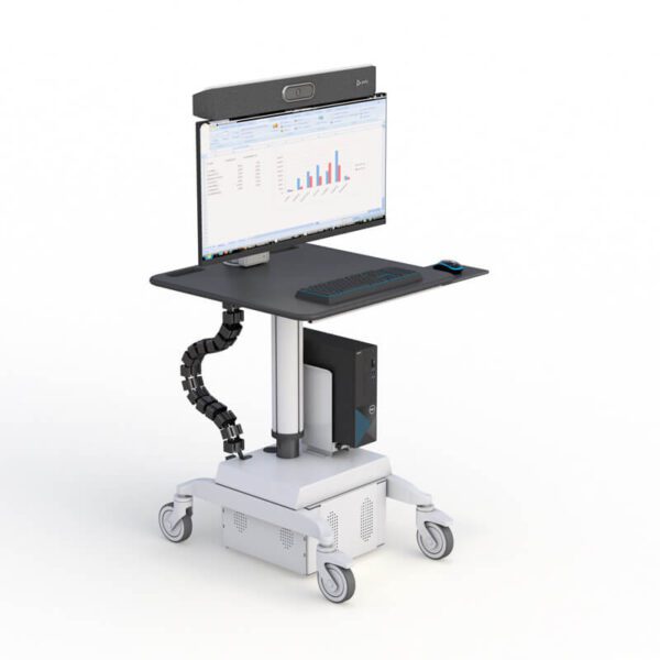 Side view of monitor cart showcasing adjustable camera mount